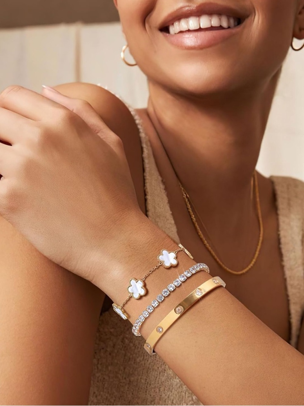 3pc Trendy 18k Gold Plated Bracelets Clover Stackable Stainless Steel - Picture 3 of 4